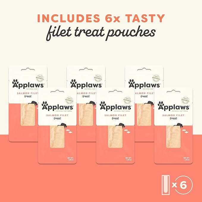 Applaws Natural Cat Treats, Grain-Free, High-Protein Whole Salmon Loins, Single-Ingredient Healthy Snack for Cats (6 x 1.06oz Loins)-Mewly Pet