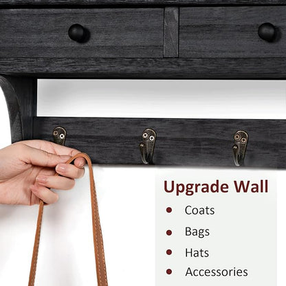 Emfogo Wood Coat Hooks Wall Mounted, Rustic Style with 4 Hooks & Shelf for Entryway, Mudroom, Bedroom, Kitchen, Bathroom (Black)