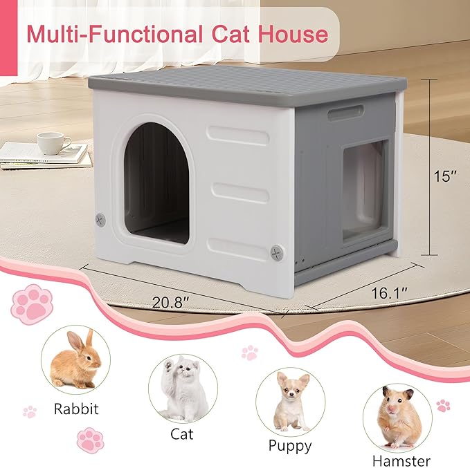 Rockever Plastic Cat House Outdoor with Escape Door, Waterproof Feral Cat House Outdoor Indoor, Sturdy Cat House for Outdoor Cats, Assemble Easily-Grey-Mewly Pet