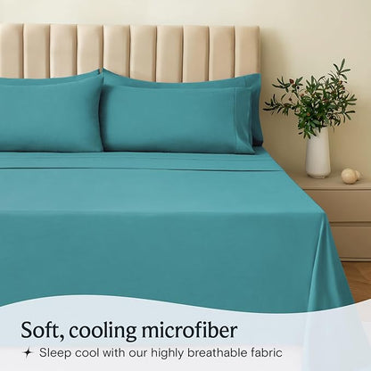 LuxClub 4 PC King Sheet Set, Breathable Luxury Bed Sheets, Deep Pockets Wrinkle Free Cooling Bed Sheets Machine Washable Hotel Bedding Silky Soft - Teal King