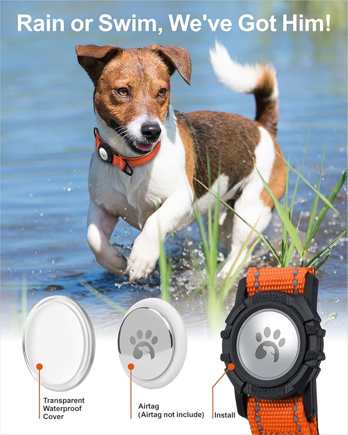 TagME Airtag Dog Collar,Waterproof Reflective Pet Collar with Airtag Holder,Soft Padded and Double D-Rings for Medium Dogs,Orange-Mewly Pet
