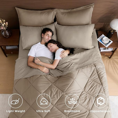 HEVUMYI Khaki & Linen California King Comforter Set - 7-Piece All Season Bed in a Bag Cal King, Ultra Soft Bedding Set with Comforter, Flat Sheet, Fitted Sheet, Pillowcases, Pillow Shams