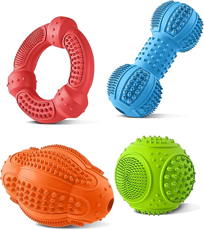 Dog Chew Toys 4 Pack, Dog Toys for Aggressive Chewers Small Medium Large Breed, Multifunctional Teeth Cleaning and Gum Massage, Tough Dog Toys with Natural Rubber for Puppy and Medium Large Dog-Mewly Pet