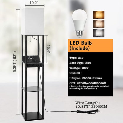 Floor Lamp with Shelves, RUNTOP LED Shelf Floor Lamp with Wireless Charger & 2 Charging USB Ports & Drawer, AC Outlet, 3 Color Temperature Tall Standing Lamp with Bulb for Living Room, Bedroom, Office