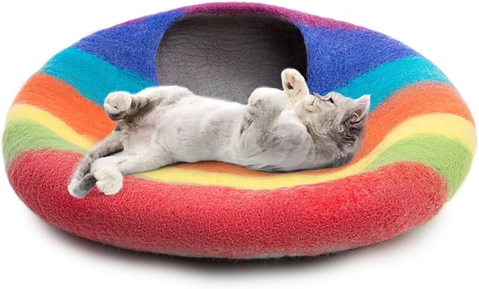 Woolygon Premium Felt Cat Cave Bed – Wool Kitty Beds Handcrafted Kitten Caves Bed for Indoor Cats - Made from 100% Eco-Friendly Merino Wool, Foldable Cat Hidewawy Covered Cat House Pod (Rainbow Twist)-Mewly Pet