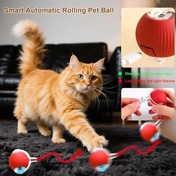 Interactive Cat Toy, 2025 New Interactive Rolling Cats Dog Toy Balls 360° Smart Automatic Rolling Pet Ball, Fast Moving Toy for Dog,Cat Ball Toy (Red)-Mewly Pet