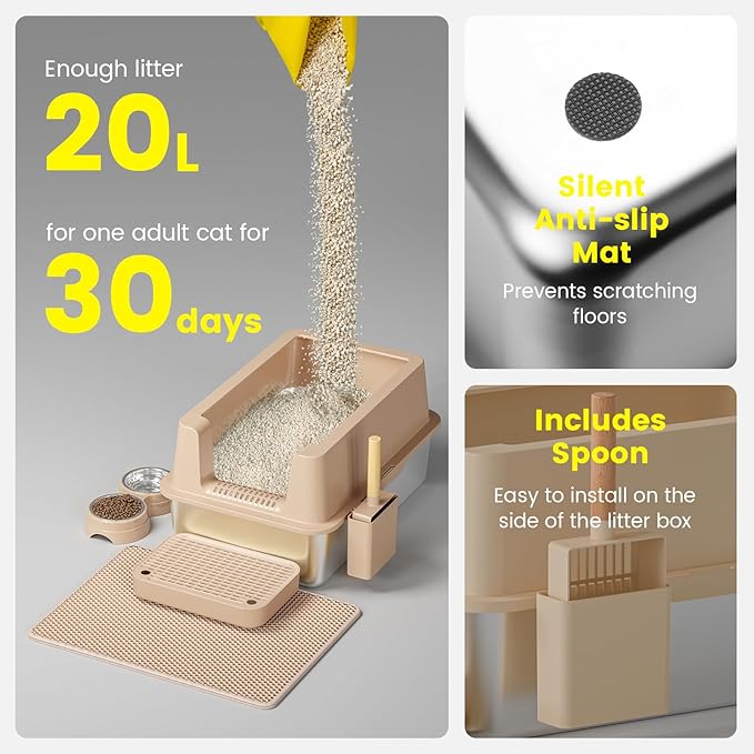 Stainless Steel Cat Litter Box - Enclosed XL Metal Kitty Litter Box with Lid for Big Cats, High Sided, Anti-Leakage, Easy Cleaning, Non-Sticky, Included Spoon & Aisle (Khaki)-Mewly Pet