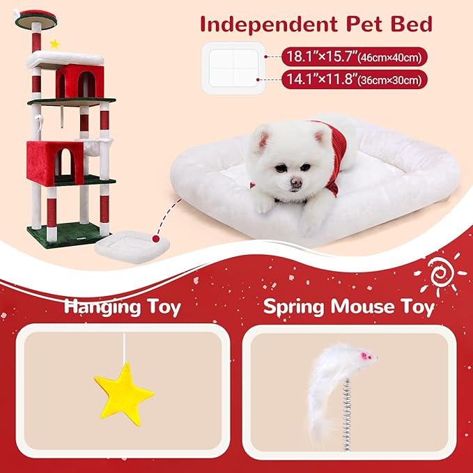 Globlazer Heavy Duty Cat Trees for Large Cats, Sturdy 72in Maine Coon Cat Tree for Large 20 lbs+ Heavy Duty Cat Tower for Adult Biggest Cats with 6 Scratching Posts, Hammock, S72, Red White Green-Mewly Pet