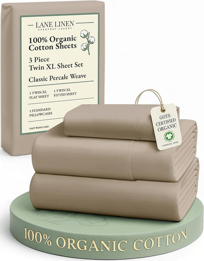 LANE LINEN 100% Organic Cotton Twin XL Sheets Set, Fully Elasticized Bed Sheets Set Twin XL Size Perfetct for Hospital beds, Deep Pocket Soft & Comfy Sheets Set Twin XL Size-Taupe