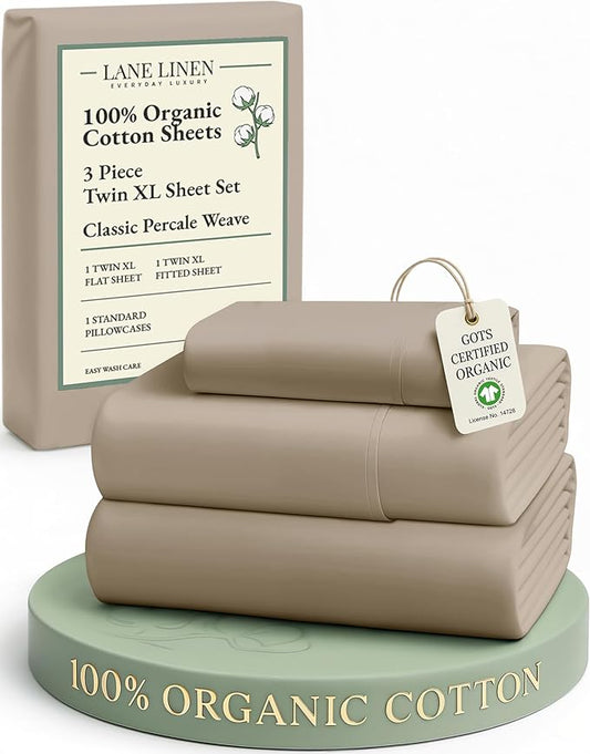 LANE LINEN 100% Organic Cotton Twin XL Sheets Set, Fully Elasticized Bed Sheets Set Twin XL Size Perfetct for Hospital beds, Deep Pocket Soft & Comfy Sheets Set Twin XL Size-Taupe