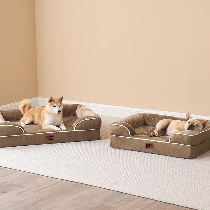 EHEYCIGA Orthopedic Dog Beds for Large Dogs, Waterproof Memory Foam Large Dog Bed with Sides, Non-Slip Bottom and Egg-Crate Foam Pet Couch Bed with Washable Removable Cover, Camel-Mewly Pet