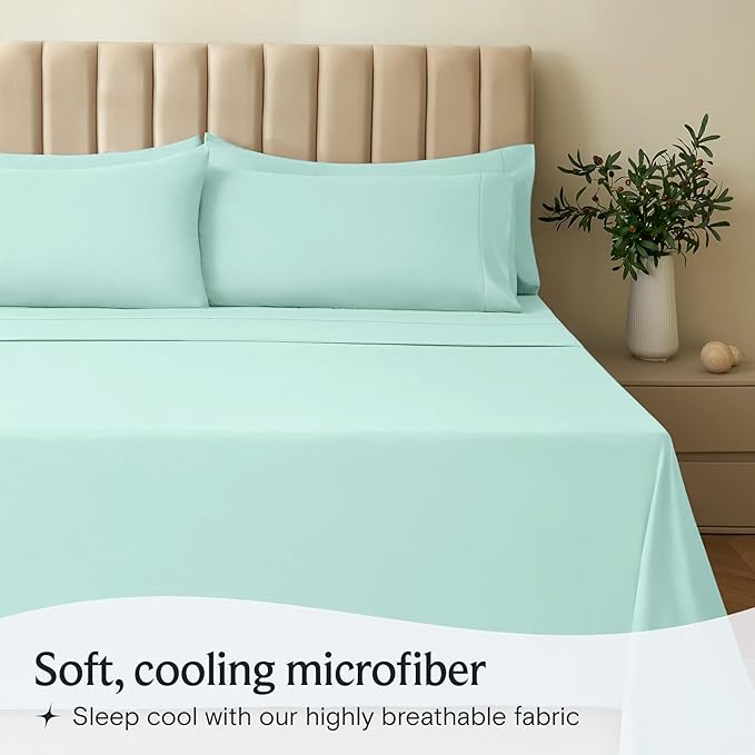 LuxClub 4 PC Sheet Set Bed Sheets Deep Pockets 16" Eco Friendly Wrinkle Free Cooling Machine Washable Hotel Bedding Silky Soft - Aquamarine Queen