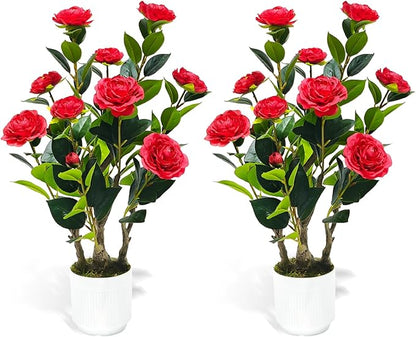 2Pack Artificial Camellia Tree, 2FT Faux Camellia Plant in Pot with Red Flowers for Spring Home Front Door Outdoor Indoor Decoration,Red