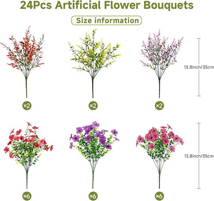 SHareconn 24 Bundles Artificial Flowers for Outdoors Decoration, Faux Plants Fake Silk Colorful Daisy Eucalyptus Lavender, UV Resistant for Outside Planters Home Porch Patio Indoor Spring,Mix 3 Colors