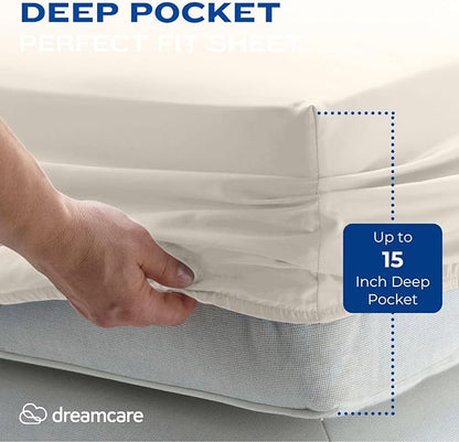 DREAMCARE Queen Size Sheets - Cooling Bed Sheets - 4pcs Set - up to 15" Deep Pocket Queen Sheet Set - Sheets Queen Size Bed - Soft & Long Lasting 100% Fine Brushed Polyester with Side Pocket - Ivory