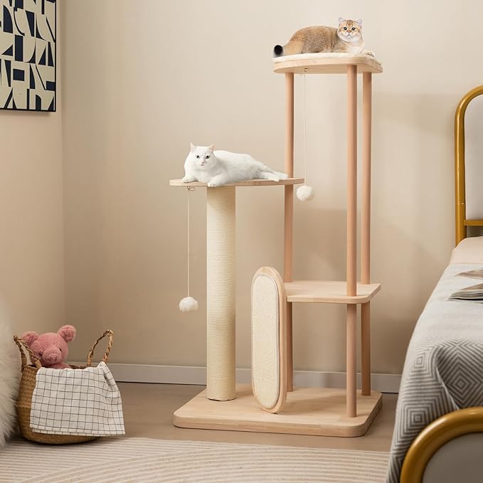 Tangkula Wood Cat Tree for Indoor Cats, Multi-Level Modern Cat Tower with Sisal Scratching Board & Post, Padded Perch, Platform, Hanging Toy, Minimalist Kitten Activity Center for Small & Medium Cats-Mewly Pet