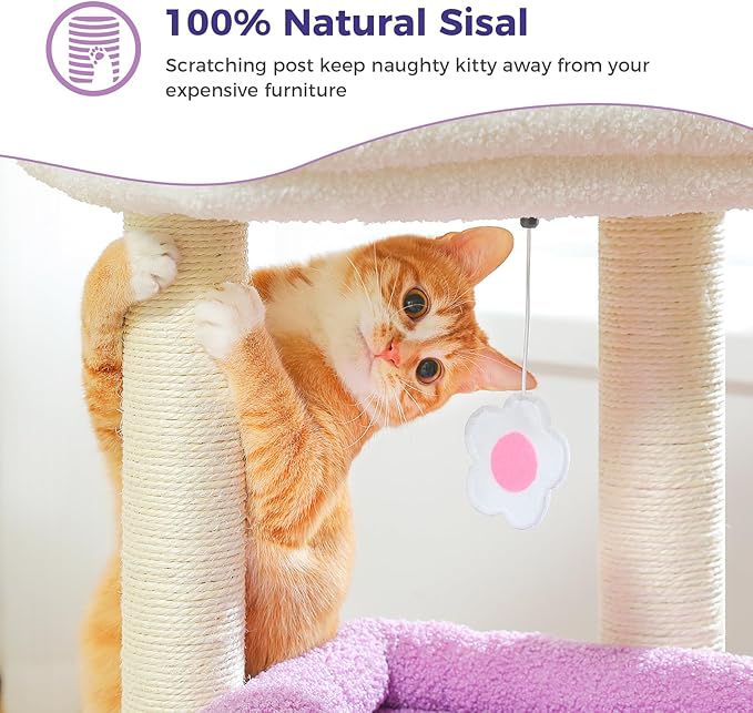 PEQULTI Cat Tree Flower Cat Tower for Indoor Cats with Private Cozy Cat Condo, Natural Sisal Scratching Posts and Plush Pom-pom for Small Cats, Purple-Mewly Pet