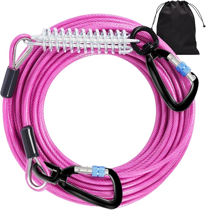 Snagle Paw Heavy Duty Long Leads for Yard 200FT-1000LBS Break Strength, Tie Out Cable With Swivel Lockable Hook & Spring, Chew Proof Chain for Outside, Run Cable for Medium Large Dogs-Mewly Pet