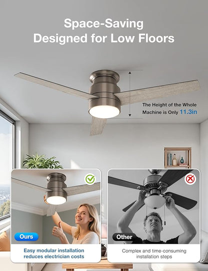 warmiplanet Flush Mount Ceiling Fan with Lights Remote Control, 52-Inch, Antique Nickel, 3-Blades
