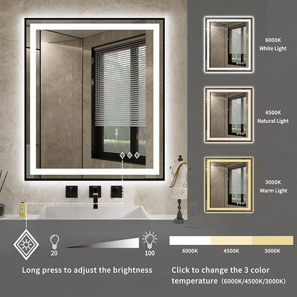 LED Bathroom Mirror, 28x32 Inch Black Framed Gradient Front and Backlit LED Vanity Mirror, 3 Colors Dimmable CRI>90, IP54 Enhanced Anti-Fog Wall Mounted Lighted Bathroom Mirror