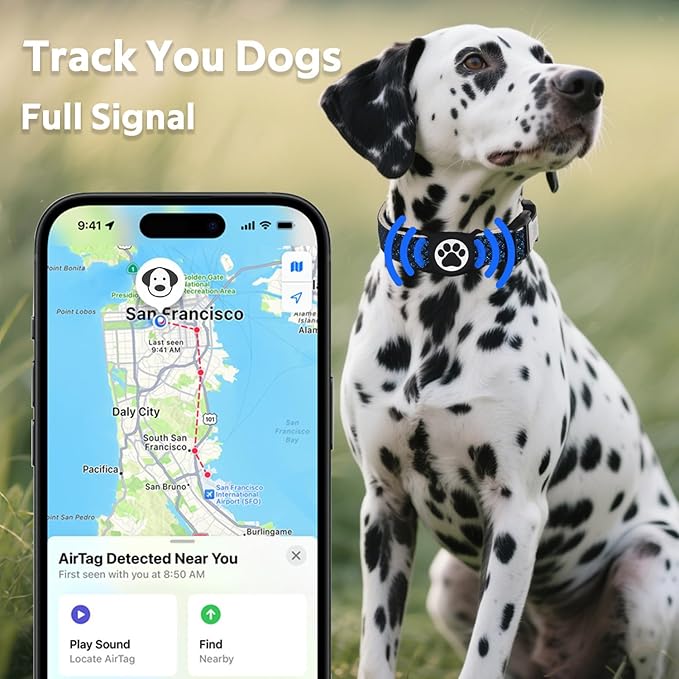 Dog Collar with Waterproof AirTag Holder & Anti-Lost QR Code, Cute Bling Warpping Adjustable Width for Small Medium Large Pet (Blue, L)-Mewly Pet