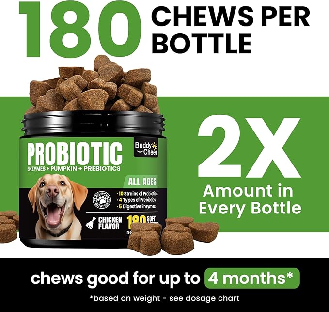 Probiotics for Dogs - Dog Probiotics with 5 Enzymes & 4 Prebiotics for Itchy Skin, Pet Probiotics lab for Digestion & Gut Support, Helps Diarrhea, Yeast Infection, Allergies & Immune System -180 Chews-Mewly Pet