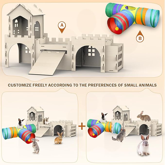 Large Bunny House and Hideouts, Wooden Dual-Layer Rabbit Castle with Stair, Rubber Band-Free Setup - chew-Proof, Sturdy Habitat for Guinea Pig Chinchilla Ferret (Rabbit House with Hay Feeder)-Mewly Pet