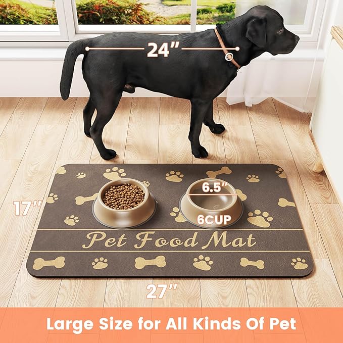 Pet Feeding Mat-Absorbent Pet Placemat for Food and Water Bowl, with Waterproof Rubber Backing, Quick Dry Water Dispenser Mat for Dog and Cat (17"x27", Brown)-Mewly Pet