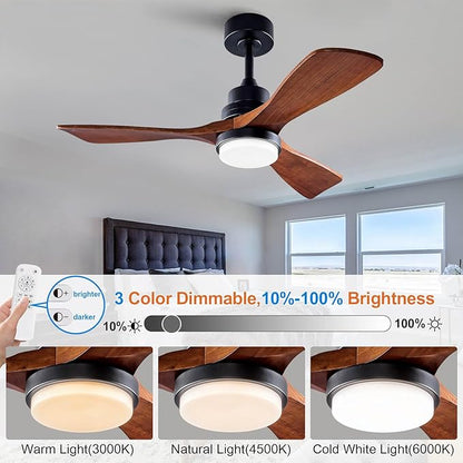 BOJUE 42 Inch Black Ceiling Fans with Lights and Remote,Dimmable LED Light,Quite Reversible DC Motor,Memory Function,Modern Solid Wood Indoor Outdoor Ceiling Fan with Light for Office Patios
