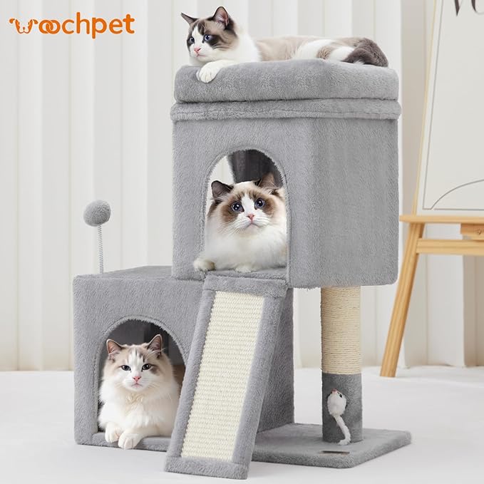 24inch Tall cat Tree with 2 cat condo and Mouse Toy Cozy Small cat Tower with Scratching Post and Board for Kitties and Small Cats.（Light Grey）-Mewly Pet