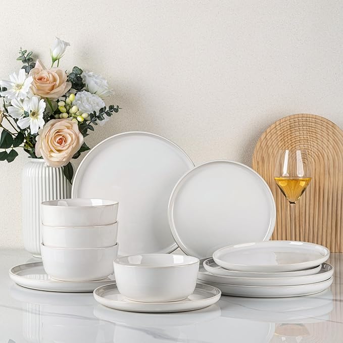 GBHOME Ceramic Dinnerware Sets for 4, 12 Pieces Stoneware Plates and Bowls Sets, Reactive Glaze Dishes -Scratch Resistant, Dishwasher&Microwave Safe-Star White-Mewly Pet