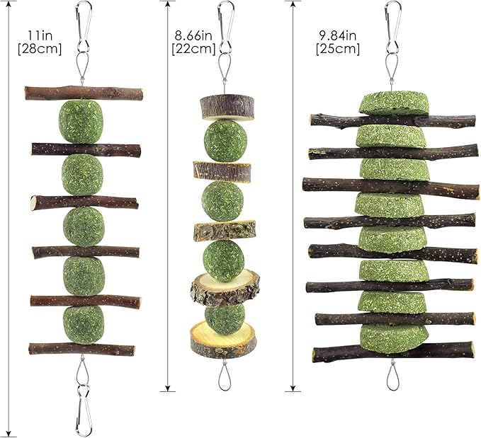 ERKOON Bunny Chew Toys, Rabbit Chew Toys for Teeth Grinding, Improve Dental Health, 100% Natural Apple Wood Timothy Grass Cake Treats for Rabbits Guinea Pigs Chinchillas Bunnies Hamsters (3 Pcs)-Mewly Pet