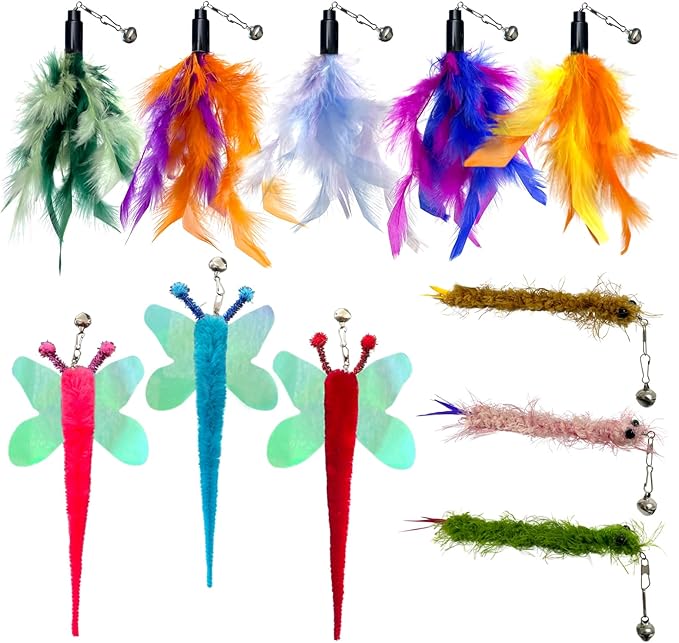 AcceLeah Cat Worm Toy Refills - Assorted Teaser Wand Toys with Bell (11 Pcs)-Mewly Pet