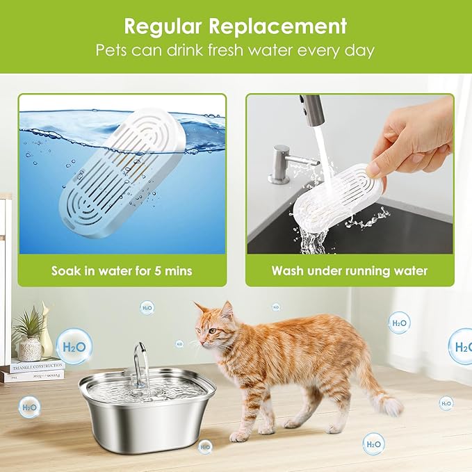 Cat Water Fountain Filters, 3 Pack Replacement Filters & Replacement Pre-Filter Sponges for Stainless Steel Pet Fountain with Water Level Window, Fountain Carbon Filters for Dog Water Dispenser Bowl-Mewly Pet