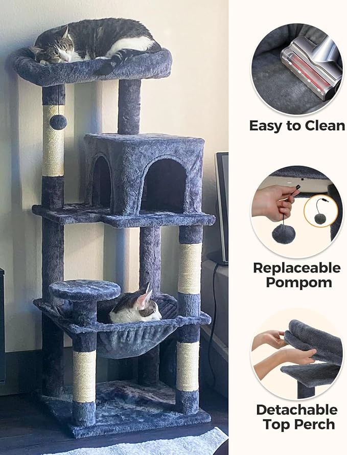 Cat Tree for Large Cats with Metal Plush Big Hammock, 56.3" Cat Tower for Indoor Cats with 2 Door Condo House, 6-Tier Cat Shelves with Scratching Posts and Large Top Perch, Dark Gray-Mewly Pet