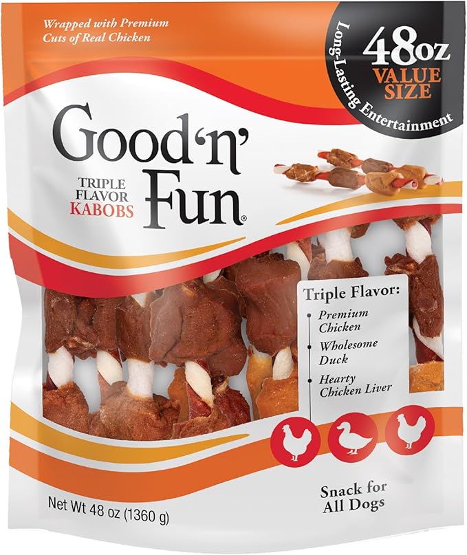 Good ‘n’ Fun Triple Flavor Kabobs Chews for All Dogs, 48 Ounces, Treat Your Dog to Chews Made from Beef Hide, Real Chicken, Pork Hide, Duck and Chicken Liver-Mewly Pet