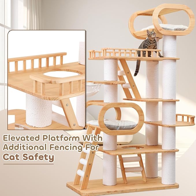 76.8'' Tall Modern Large Cat Tree,Multi-Level Wood Cat Tower for Indoor Cats Large Adults,Luxury Heavy Duty Cat Condo with Cushion,Scratching Posts,Clear Hammock Activity (76.8inch)-Mewly Pet