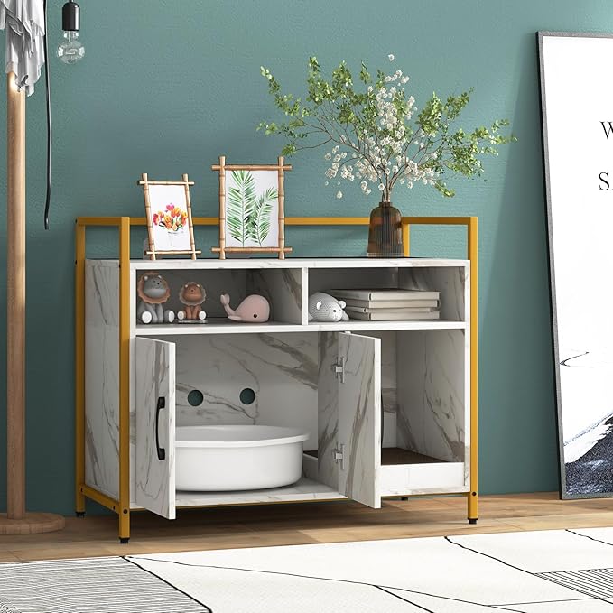 Tangkula Litter Box Enclosure, Modern Cat Litter Box Furniture with Metal Frame, Scratching Board, Storage Compartment, Hidden Cat Washroom (Marble White)-Mewly Pet