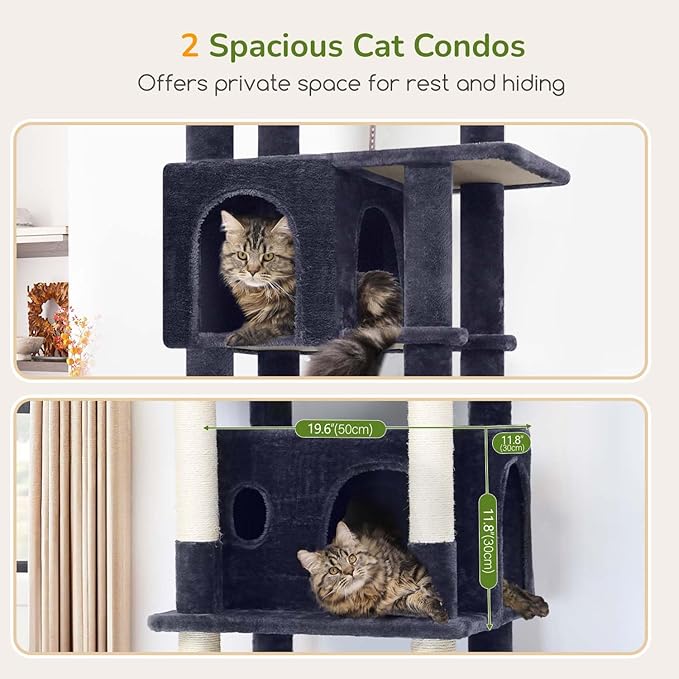 Globlazer Large Cat Tree Tower, Tall Cat Tree Condos for Indoor Cats Large Adult Cat Climbing Tower with 2 Spacious Caves, Oversized Top Perch, Big Hanging Basket, Cat Teaser Wand, F74B, Dark Grey-Mewly Pet