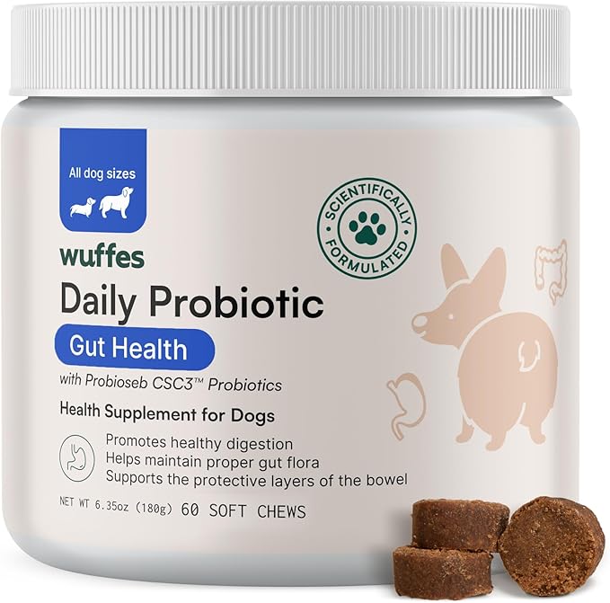 Wuffes Daily Probiotic for Dogs - Supports Digestive Health, Gut Balance, and Immune System - with Prebiotics, Marshmallow Root, and Pumpkin Powder - 60 Soft Chews-Mewly Pet