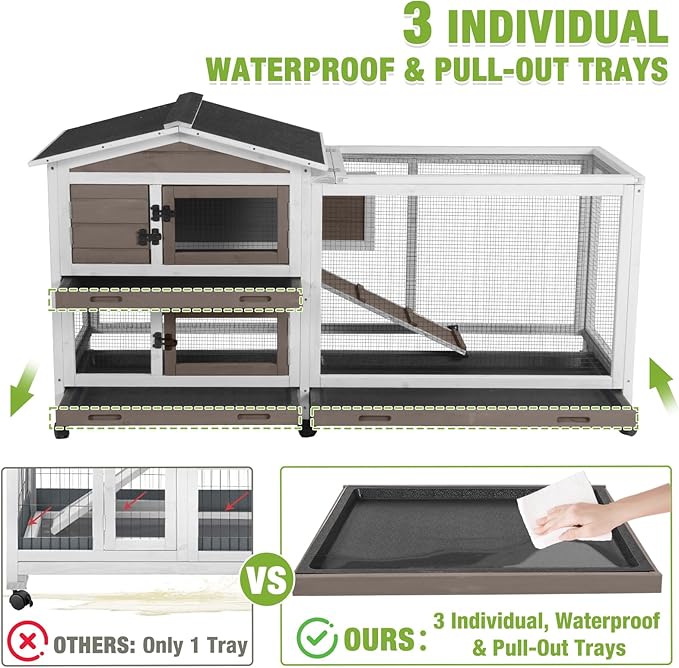 GUTINNEEN Rabbit Cage Indoor Bunny Hutch with Chew-Proof Ramp - 2 Story Guinea Pig Cages Outdoor with 6 Wheels, Leakproof Pull-Out Tray for Rabbits, Guinea Pigs (Brown)-Mewly Pet