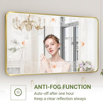 55x32 Inch LED Bathroom Mirror with Lights, Gold Metal Framed LED Mirror for Bathroom, 3 Colors and Stepless Dimmable Wall Mounted Lighted Bathroom Vanity Mirror, Anti-Fog, Memory