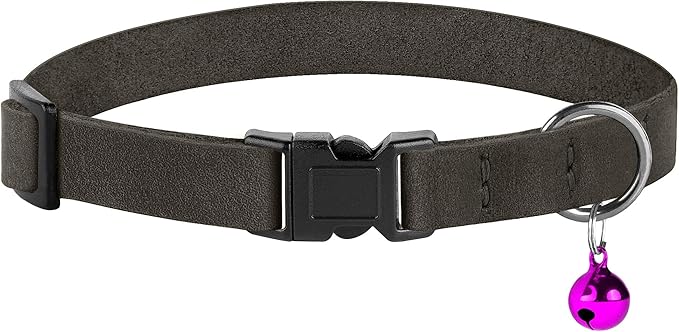 Breakaway Cat Collar Leather with Removable Bell - 13 Colors Available - Soft Adjustable Girl Boy Safety Lightweight Pet Kitten Collars Pink Brown Blue Green Red Orange Black (Graphite)-Mewly Pet