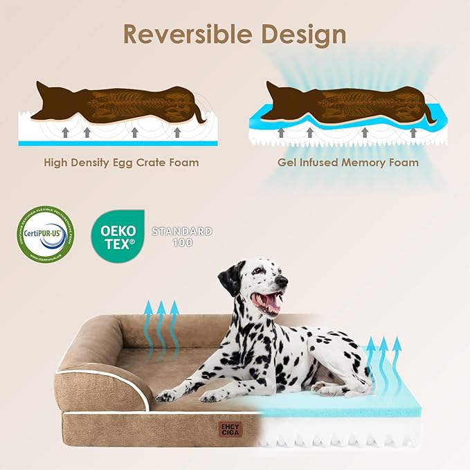 EHEYCIGA Orthopedic Dog Beds for Extra Large Dogs, Waterproof Memory Foam XL Dog Bed with Sides, Non-Slip Bottom and Egg-Crate Foam Big Pet Couch Bed with Washable Removable Cover, Camel-Mewly Pet