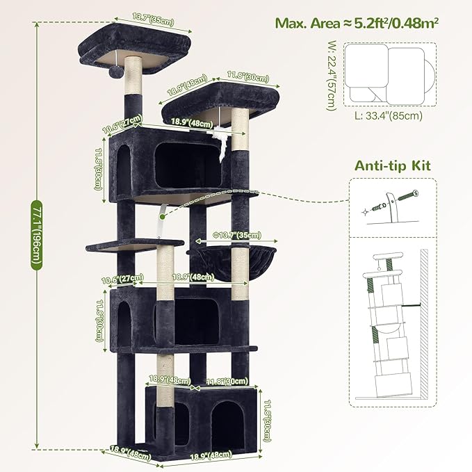 Globlazer Sturdy Cat Tree for Large Cats, 77 inch Large Cat Climbing Tower for Indoor Adult Cats, Cat Scratching Tower with 5 Scratching Posts, 3 Cat Condos, 2 Top Perches, S77, Dark Grey-Mewly Pet