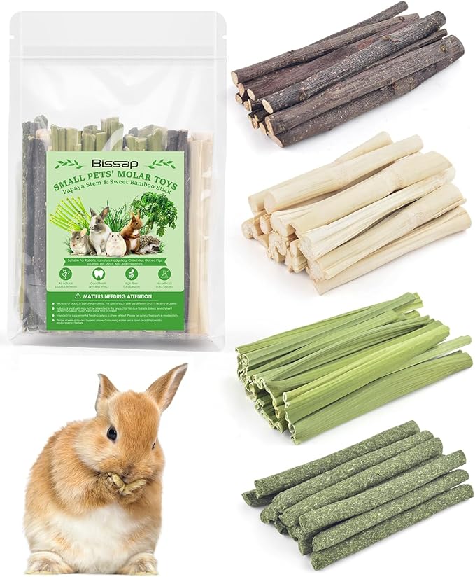 Bissap 60 PCS Rabbit Chew Sticks, Sweet Bamboo Timothy Hay Chew Stick Papaya Stems Apple Branch Bunny Chews for Rabbit Hamster Chinchilla Guinea Pig Small Pet Natural Molar Treats-Mewly Pet
