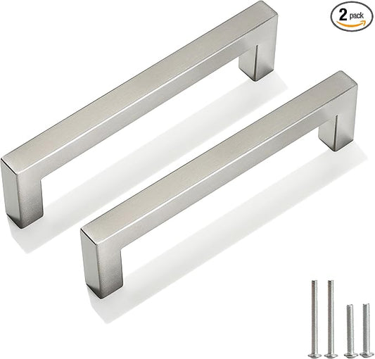 Cabinet Pulls Brushed Nickel Cabinet Handles Square Drawer Pulls, 2 Pack 5 Inch Stainless Steel Kitchen Door Cupboard Cabinet Handles, Cabinet Hardware Drawer Handles, 128mm Hole Centers