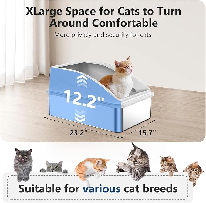 Stainless Steel Litter Box, Extra Large Litter Boxes for Big Cats, XL Metal Cat Litter Box with Lid, Anti-Urine Leakage, Non-Sticky, Include Cat Mat and Litter Scoop-Mewly Pet