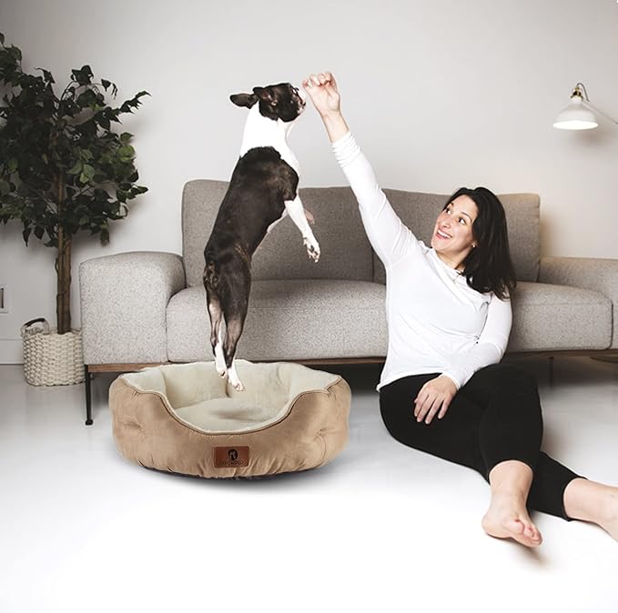 Asvin Medium Dog Bed for Medium Dogs, Cat Beds for Indoor Cats, Pet Bed for Puppy and Kitty, Extra Soft & Machine Washable with Anti-Slip & Water-Resistant Oxford Bottom, Light Brown, 25 inches-Mewly Pet