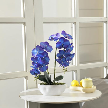 Large Artificial Potted Orchid Plant, Silk Flower Arrangement with Ceramics Vase, Purple Blue